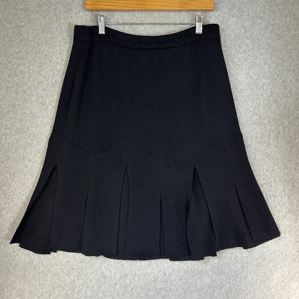 St. John Evening Skirt Black Split Flap Hem Pleated Flare Santana Knit Womens 12
